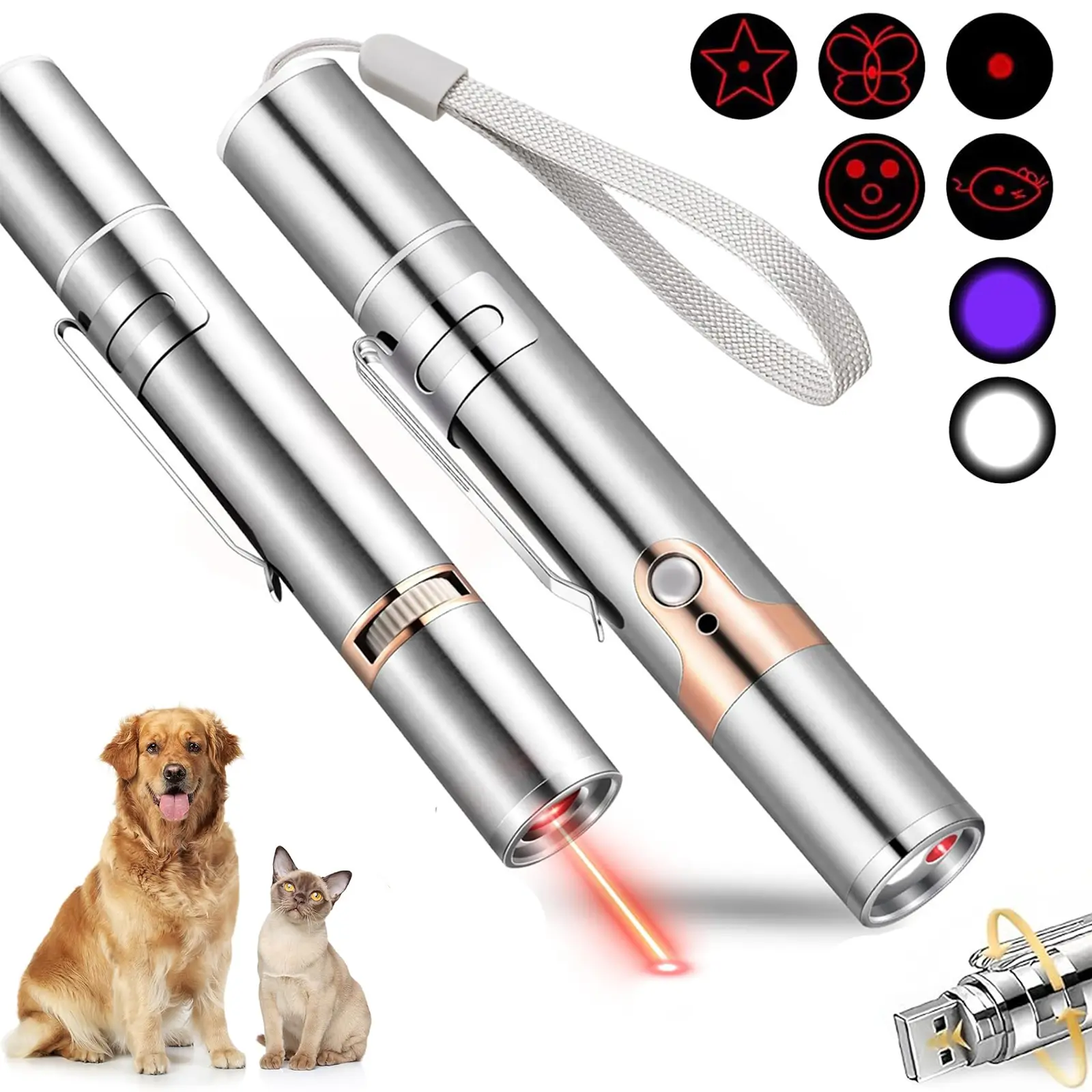Rotatable USB Pet Laser Cat Toy, Dot Chasing Light, Interactive LED Light, Indoor Dog Cat Toys, Rechargeable, 5 Modes, Suitable for Kittens