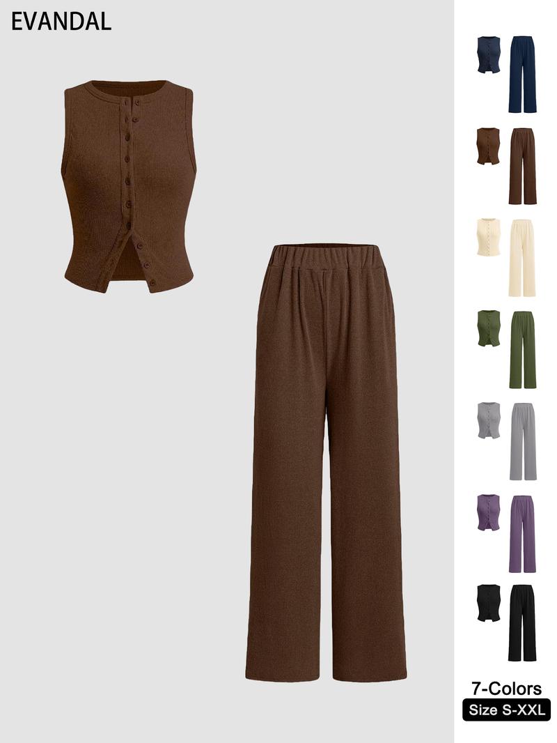 Women's Solid Ribbed Button Tank Top & Straight Leg Pants Two-piece Set, Casual Sleeveless Top & Trousers for Daily Wear, Ladies Two-piece Outfits for All Seasons, Clothes,Airport Outfit