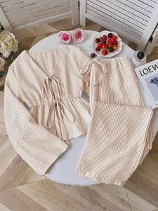 Women’s 2 Piece Lounge Set, Tie Front Long Sleeve Top & Wide Leg Pants, Casual Chic Striped Set, Comfortable Matching