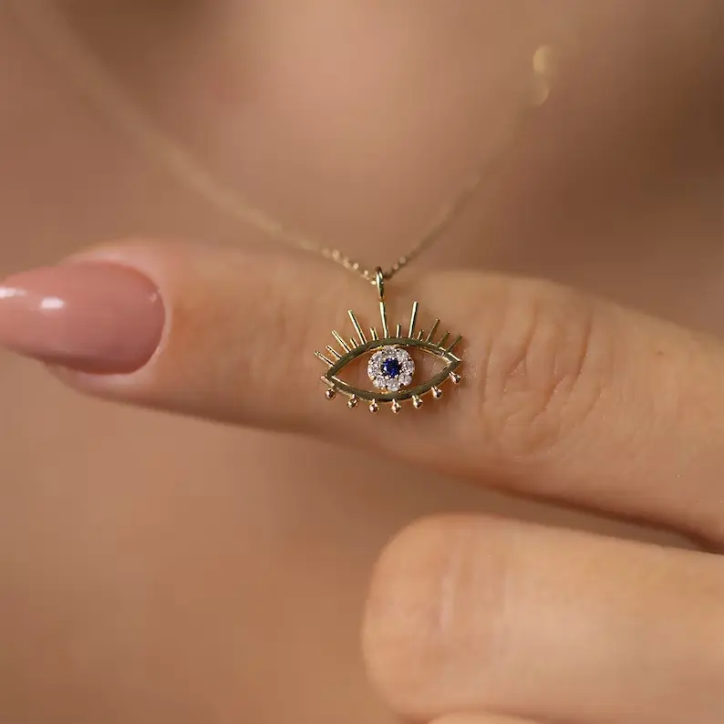 Dainty Evil Eye Pendant Necklace, Micro Paved Blue Crystal Sun Eyelash Eye Charm Chain, Minimalist Fashion Layering Jewelry for Women Daily Wear