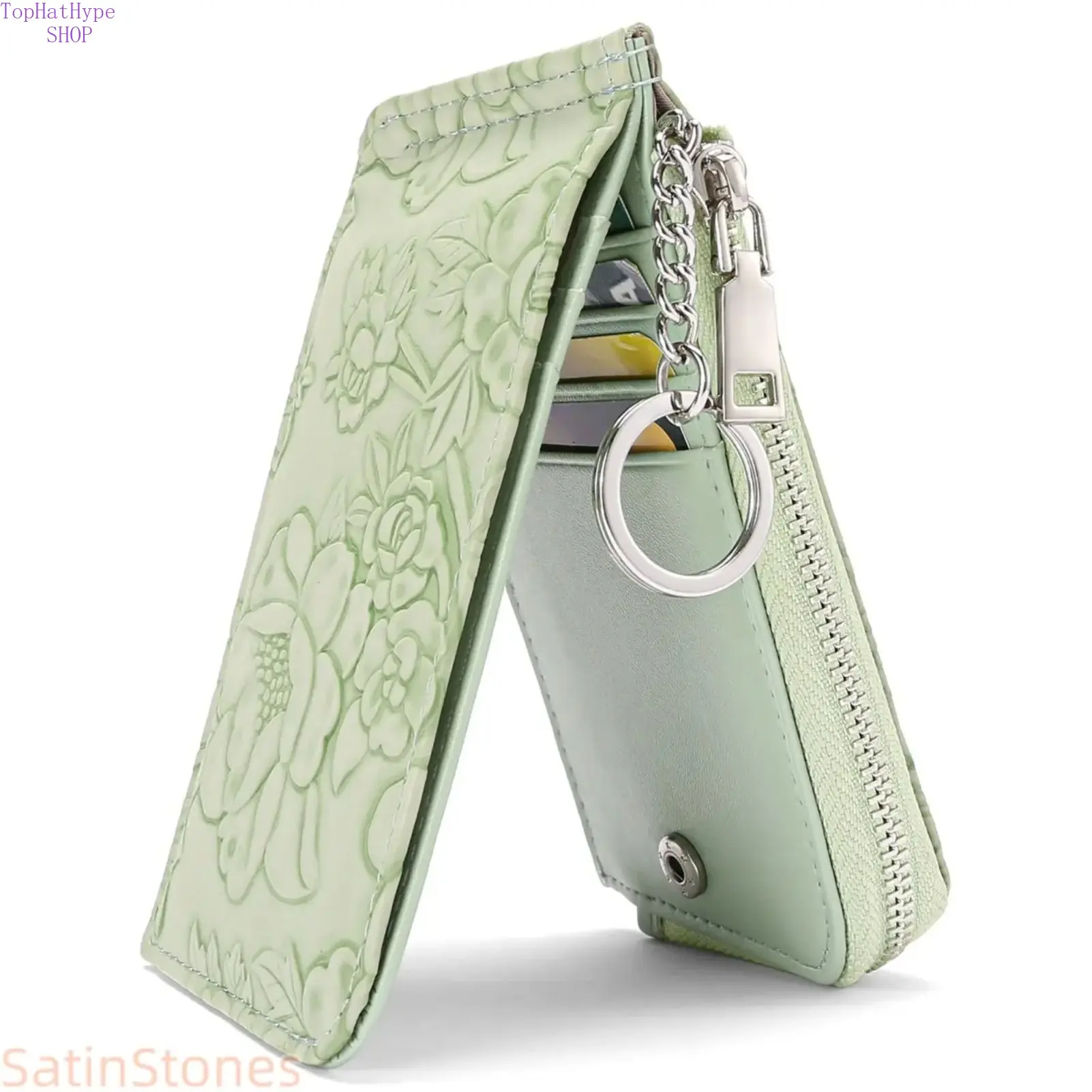Women's Embossed Print Card Holder Wallet, Fashionable Zipper Organizer with Keyring Clip, ID Pocket and Multiple Card Slots, Card Slots Pocket, Fashionable Card Holder