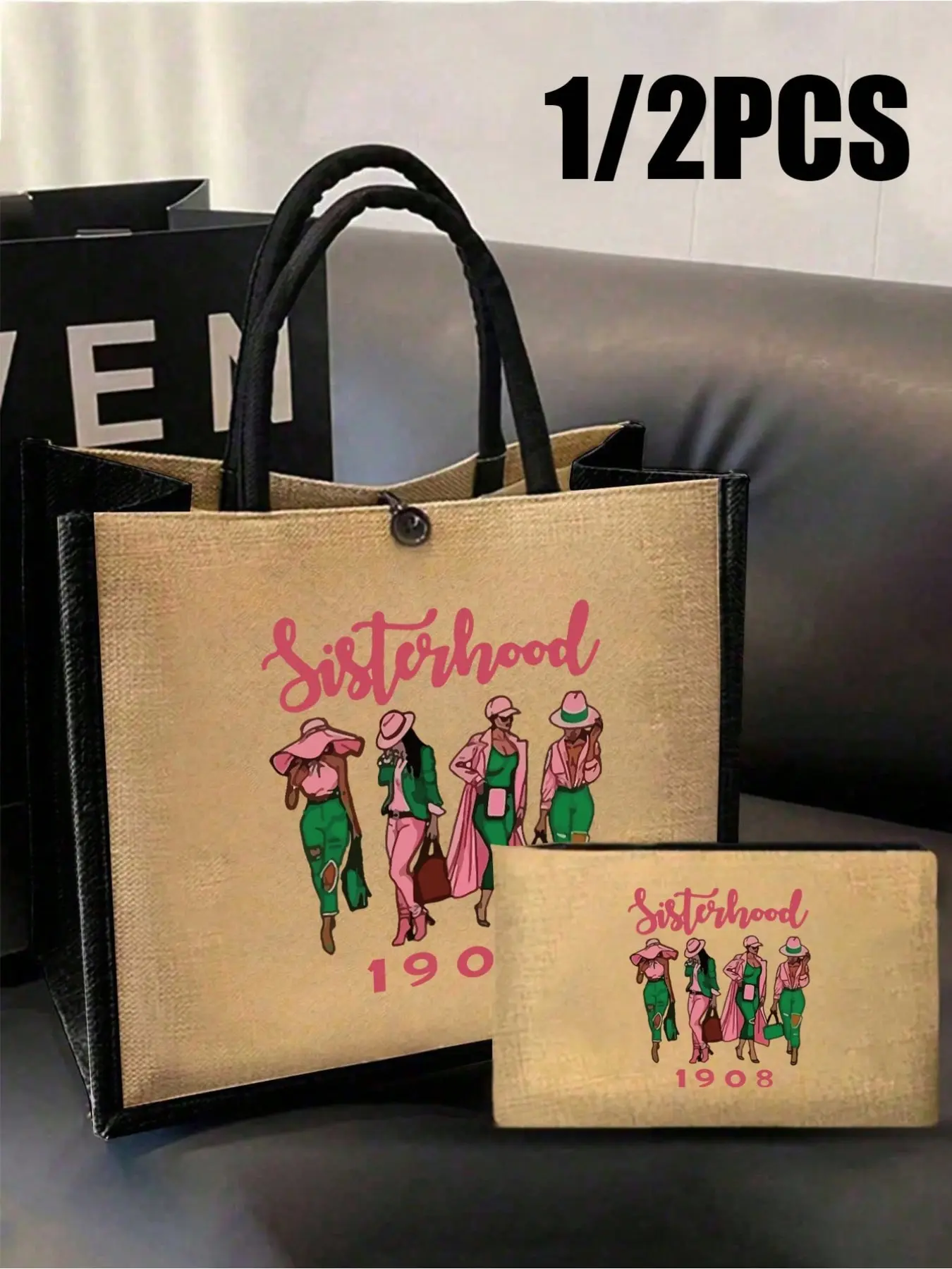 Sisterhood 1908 Classic Large Capacity Handbag, Women's Multifunctional Commute Bag, Sister Pattern Design, Travel Beach Bag, Gift Idea