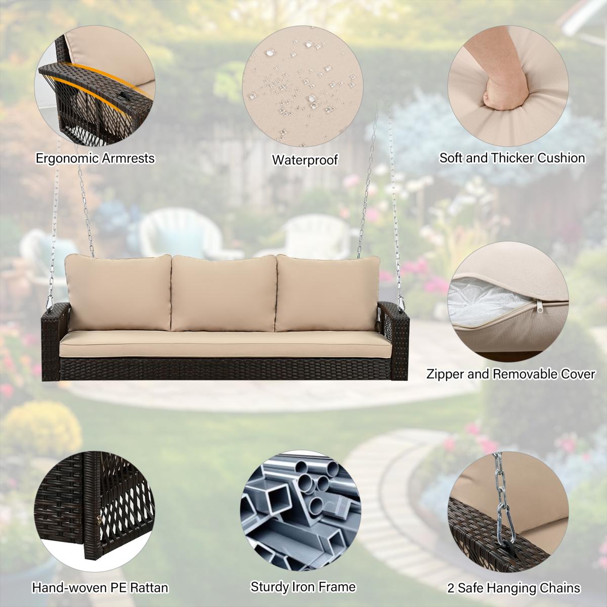 69" PE Wicker 3-Person Porch Swing with Chains, Large Patio Swing Bench with Cushions for Backyard Garden Poolside