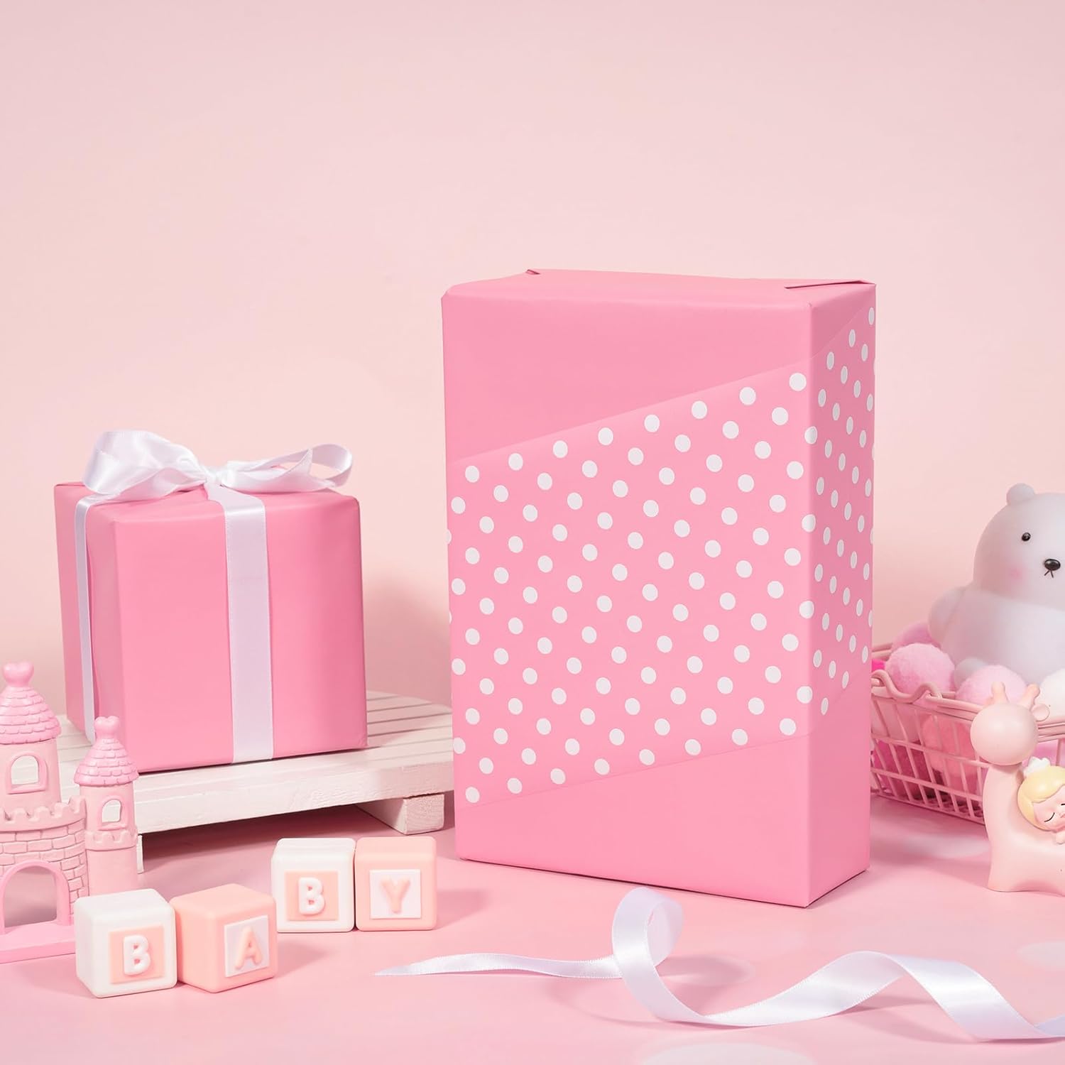 Reversible Wrapping Paper - Mini Roll - 17 Inch X 33  -  and Polka Dot Design for Birthday, Holiday, Wedding,  Shower