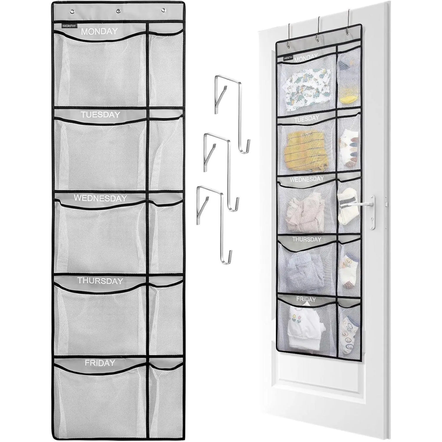 Weekly Kids Clothes Organizer - Day of Week School Clothing Organizer, Monday to Friday Time Save, No Odour, 5-Shelf Hanging Closet Storage (Grey)
