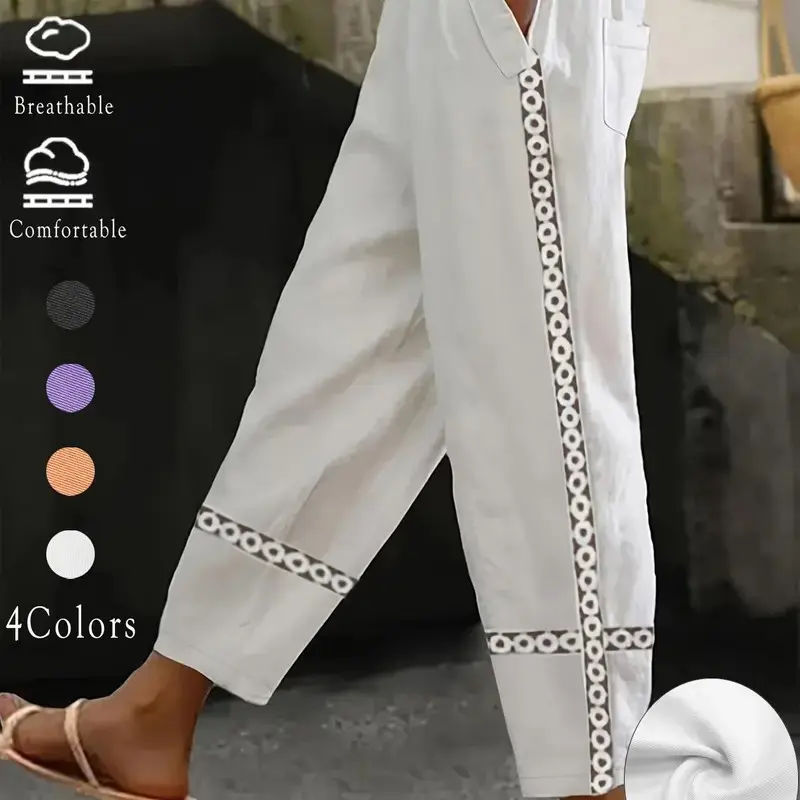 Women's Floral Lace Embroidery Straight Leg Pants, Boho Casual Comfy Trousers for Daily Wear Holiday Vacation, Ladies Bottoms for Spring & Fall, Bohemian Trousers