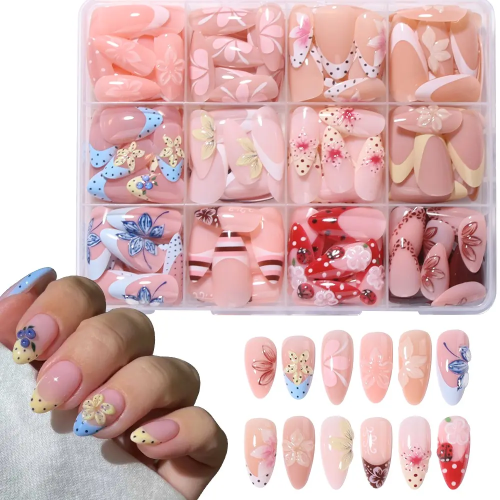 306pcs Multicolor French Almond Press-On Nails, Floral Design, Medium Size, Acrylic Material, Perfect for Summer Manicures, Women and Girls