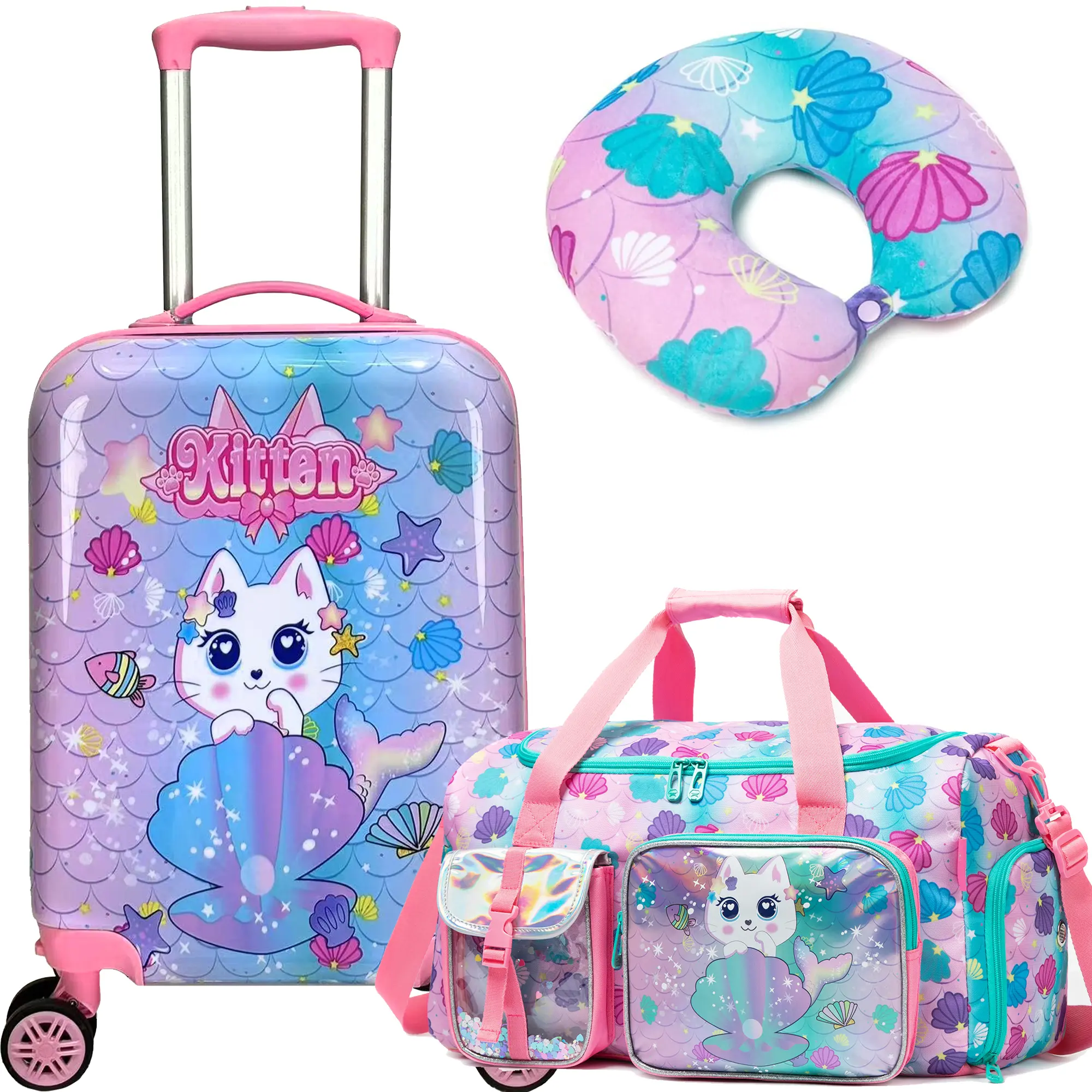 3 Piece Kids Hardside Spinner Luggage Set | Cute Mermaid Kitten Carry On Suitcase with Duffel Bag & Neck Pillow for Girls | Travel Gear 2026