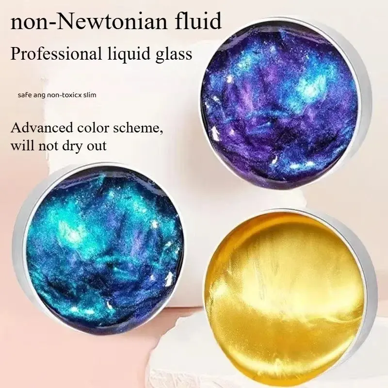 Non-Newtonian Fluid Liquid Glass Bubble Gel Round Metal Box, Glitter Starry Design, Stress Relief Crystal Mud, Safe Odorless, 8cm Portable Container