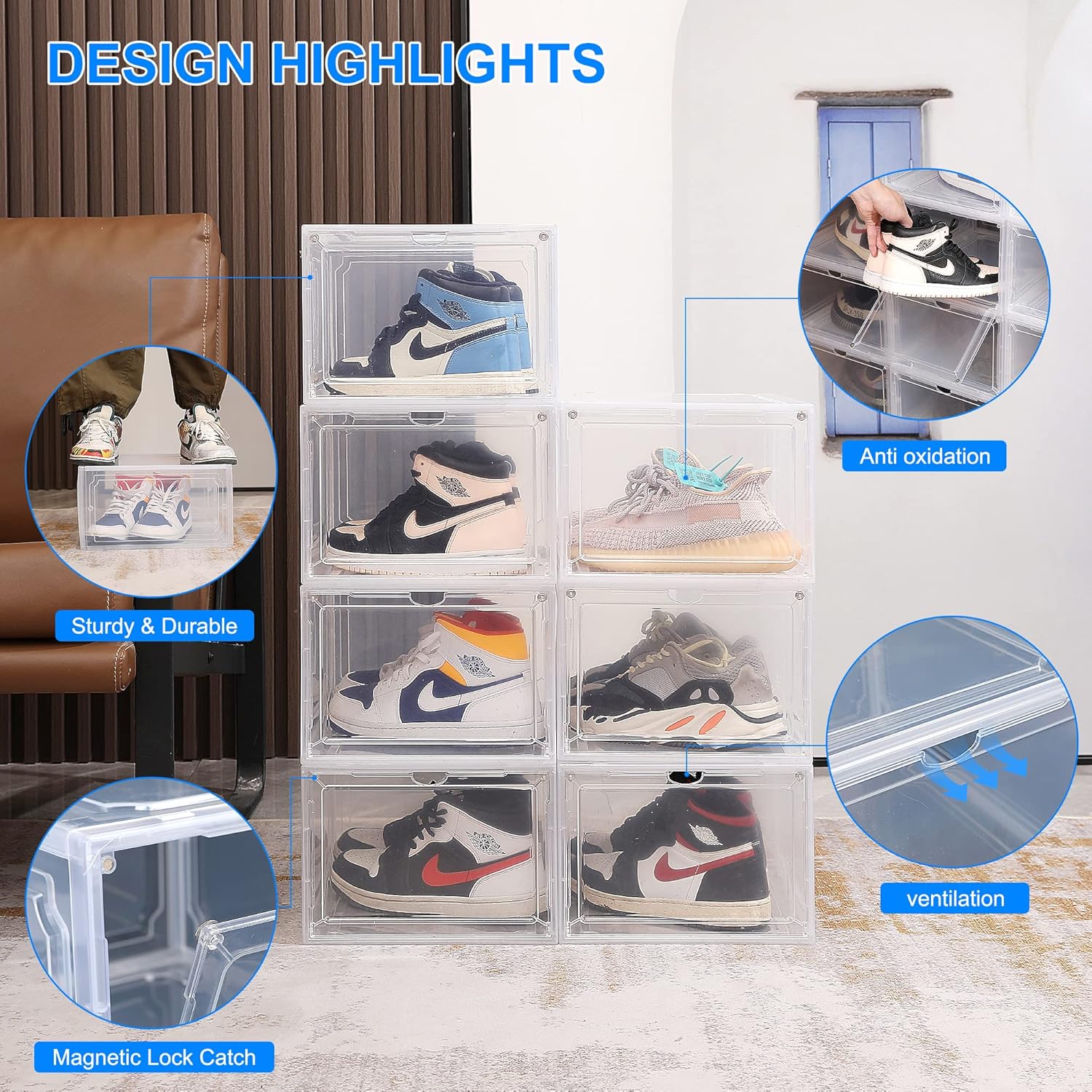 Size 14 Shoe Boxes Clear Plastic Stackable, Sneaker Containers  Shoes Storage Box Foldable Drop Front Organizer Shoes Cases for  Display Bins 1 Pack (14.2"x 11"x 7.9")