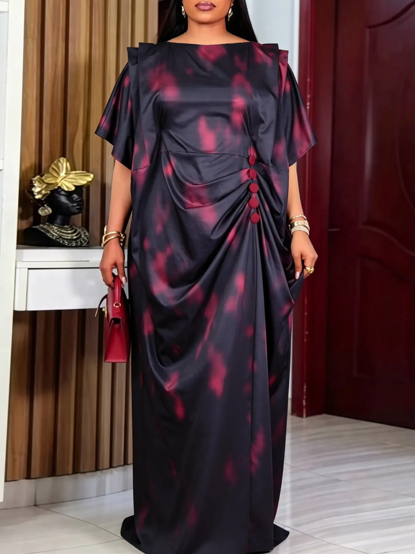 Plus-Size African Print Dress: An elegant chic Aesthetic fashion women's long dress featuring a graceful drape design and contrasting button details—perfect for weddings, church services, and evening dinners.