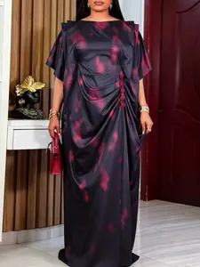 Plus-Size African Print Dress: An elegant fashion women's long dress featuring a graceful drape design and contrasting button details—perfect for weddings, church services, and evening dinners.