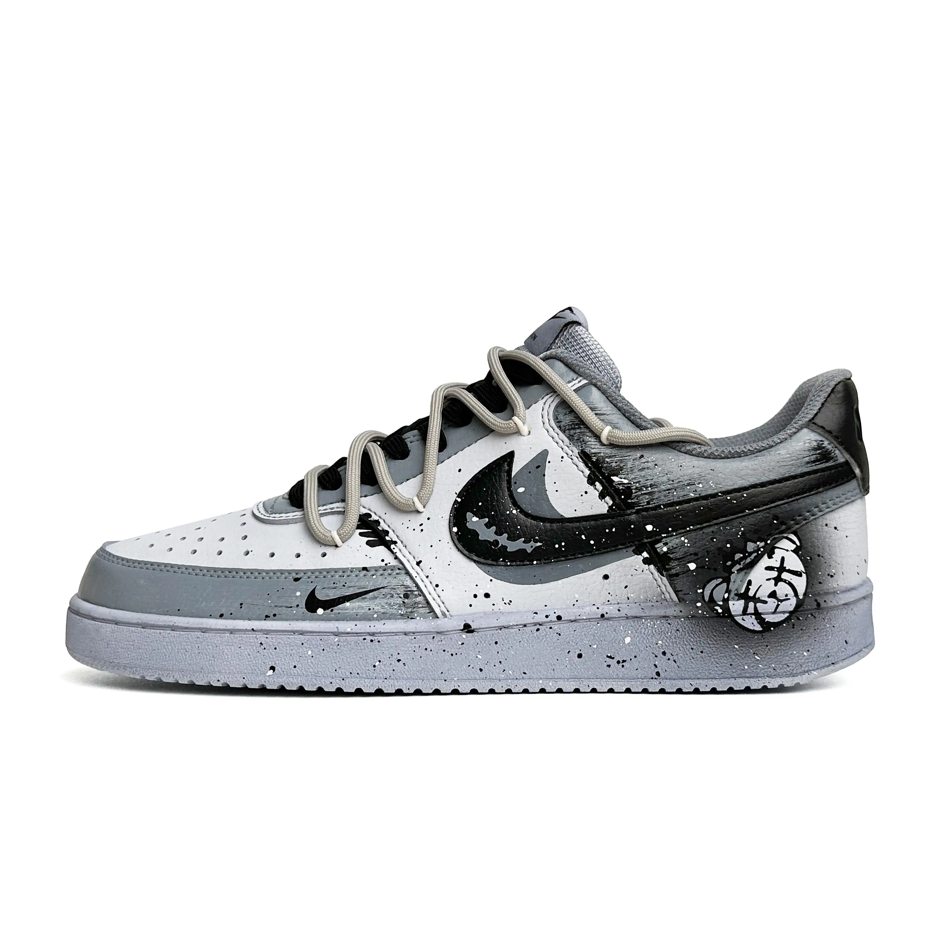 Nike Court Vision 1 Low Customized Gothic Bear Sneakers for Men – Black and Gray, Deconstructed Laces, Splatter-Dye Design Verifiable, with credentials and supporting global authentication