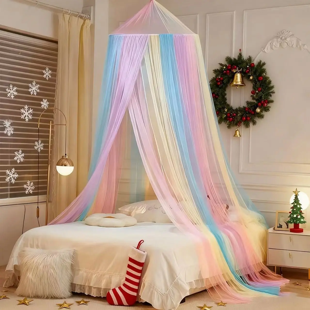 Rainbow No-Install Mosquito Net, Castle Dome Mosquito Net for Indoor Ceiling, Princess Mosquito Net for Girl's Room Decor, Toy House Decor, Mosquito Proof Net, Mosquito Proof Mesh