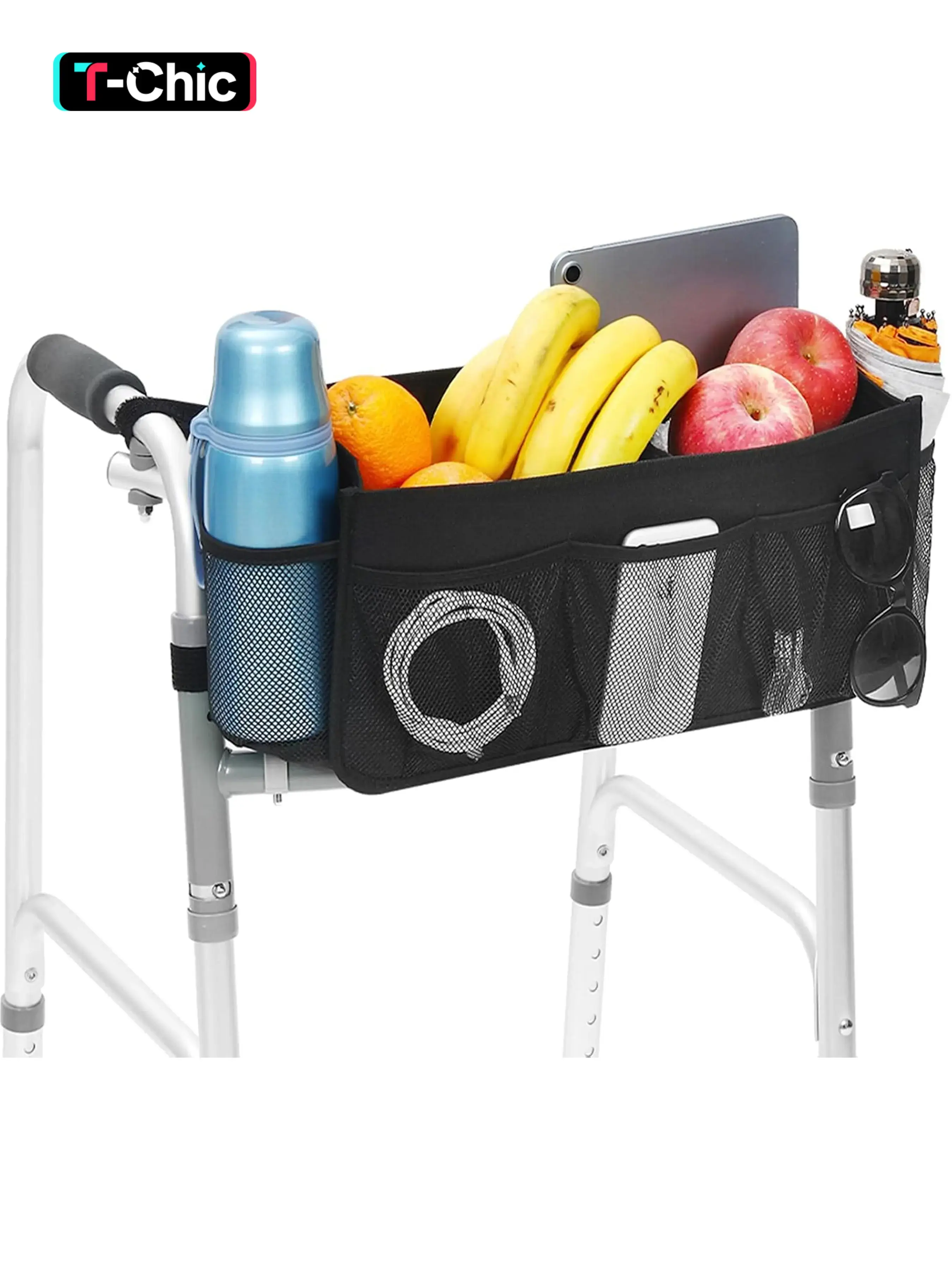 Foldable Walker Basket Tote Bag with Cup Holder, Large Capacity Multifunctional Organizer for Seniors Elderly, Side Organizer Bag, Bag Insert for Walker, Universal Walkers, Gift for Family