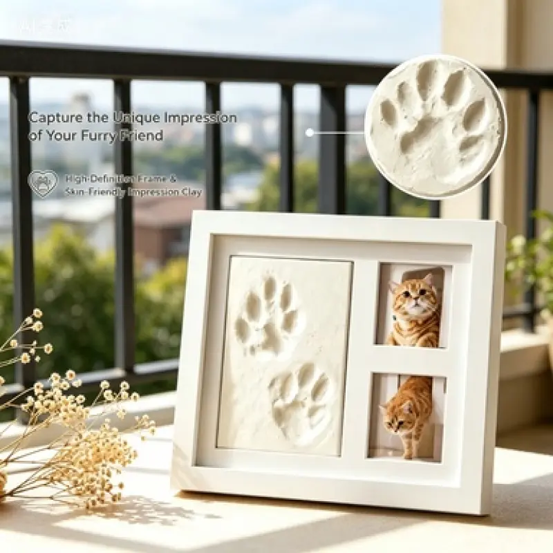 Pet Paw Imprint Commemorative Wooden Frame with Two Photo Display Areas, Dustproof Smooth Frame Surface, Ideal for Pet Shop Custom Souvenir and Indoor Warm Home Decor