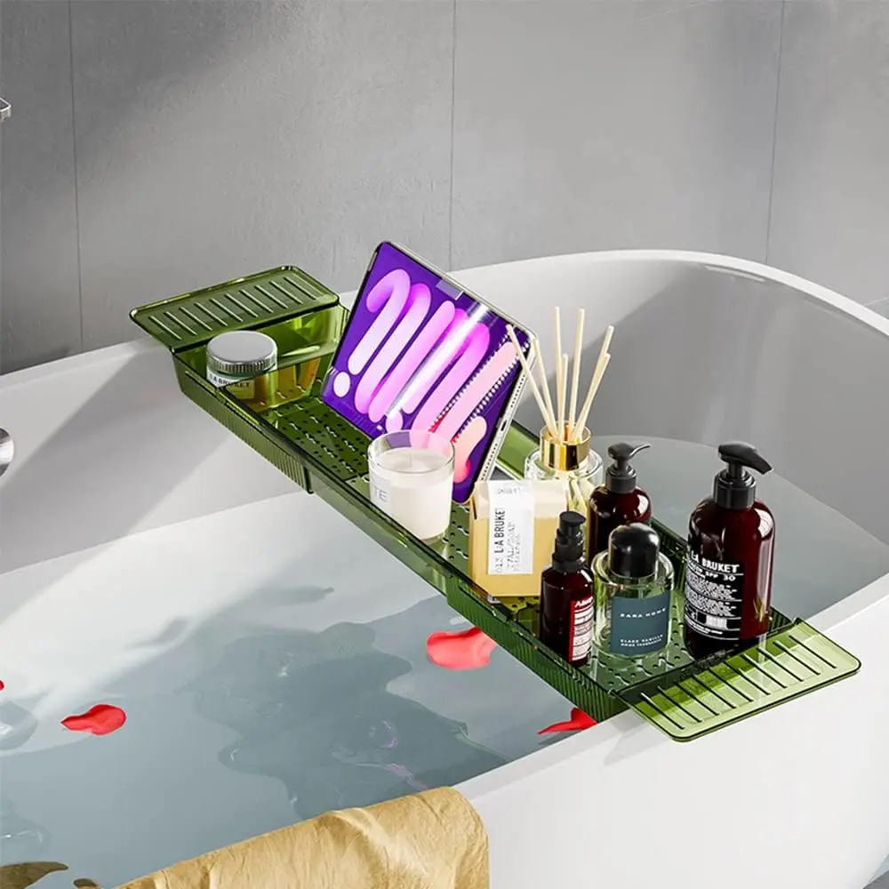 Adjustable Expandable Bathtub Caddy Tray with Anti-Slip Mat, Luxury Spa Bathroom Bath Tub Organizer Accessories Fits Most Tubs