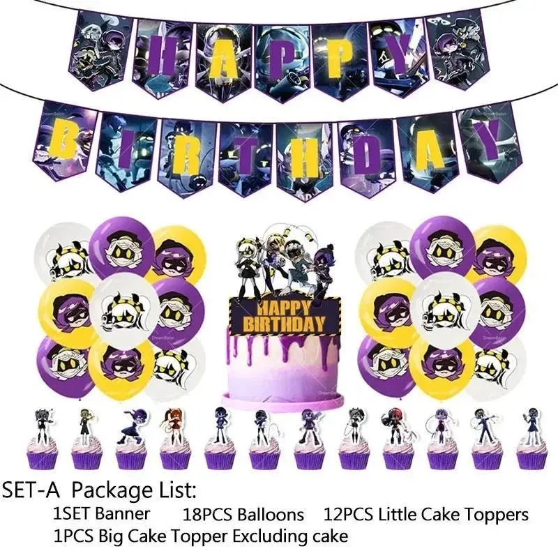 Murder&Drones Theme Cartoon Birthday Decorations Set - Background Flags, Balloons, Cake Toppers, Gift Stickers Party Supplies