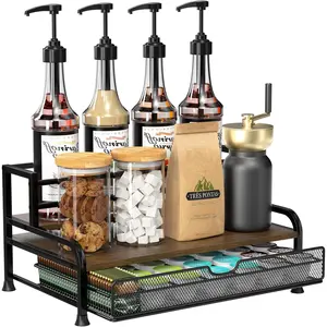 Coffee Syrup Rack Organizer 3-Tier 8 Bottles Syrup Rack with 35 K Cup Storage Basket for Coffee Bar Countertop Bottle Holder Stand for Wine Dressing for Kitchen Cafe Station