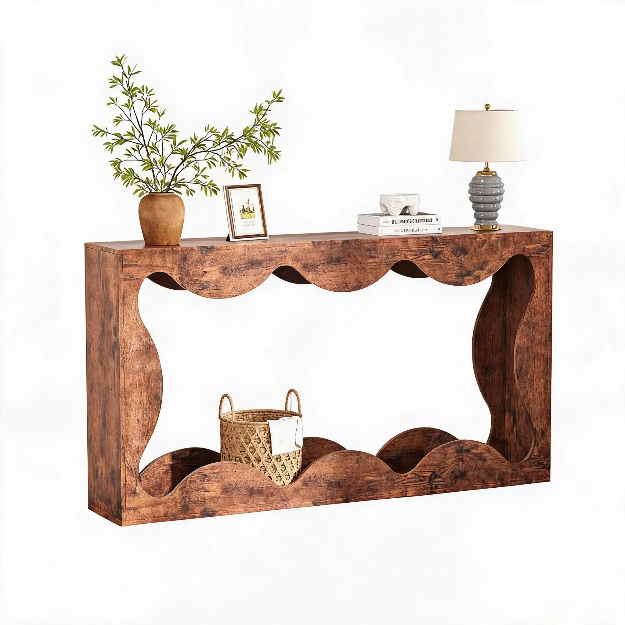 Garvee 63-Inch Farmhouse Console Table with Scalloped Edge, Slim Sofa Table with 2-Tier Storage Shelf, Rustic Narrow Entryway Table for Hallway, Long Wood Accent Table in Brown for Living Room