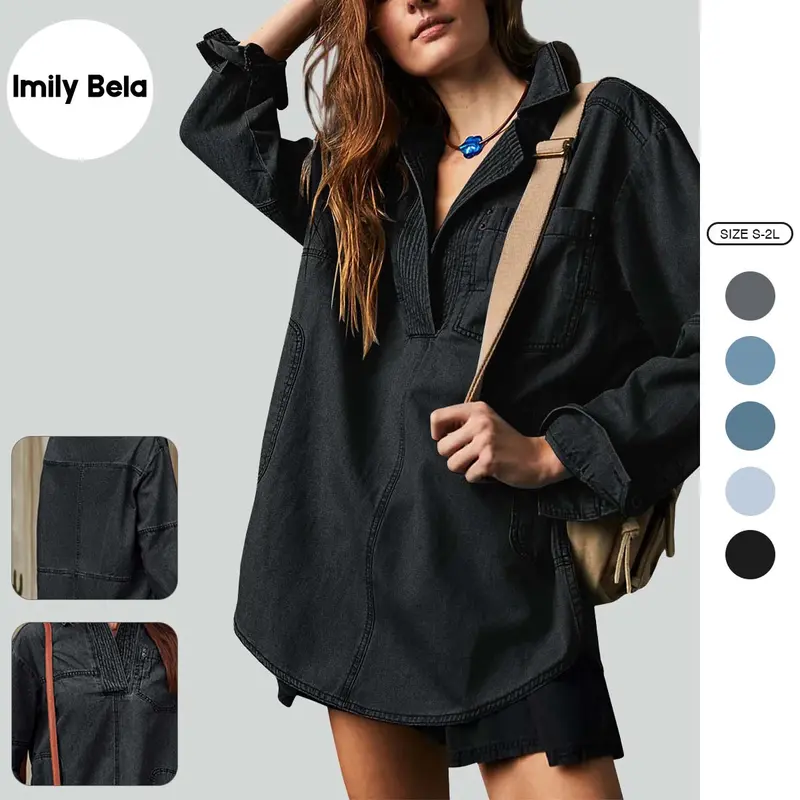 Imily Bela Women's Denim Pullover Casual Notch V Neck Blouse