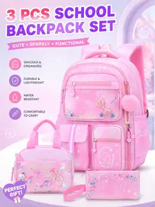 Middle School Laptop Backpack for Girls, 3pcs Set with Bookbag, Handbag, Pencil Case, Casual Solid Pattern, All Seasons