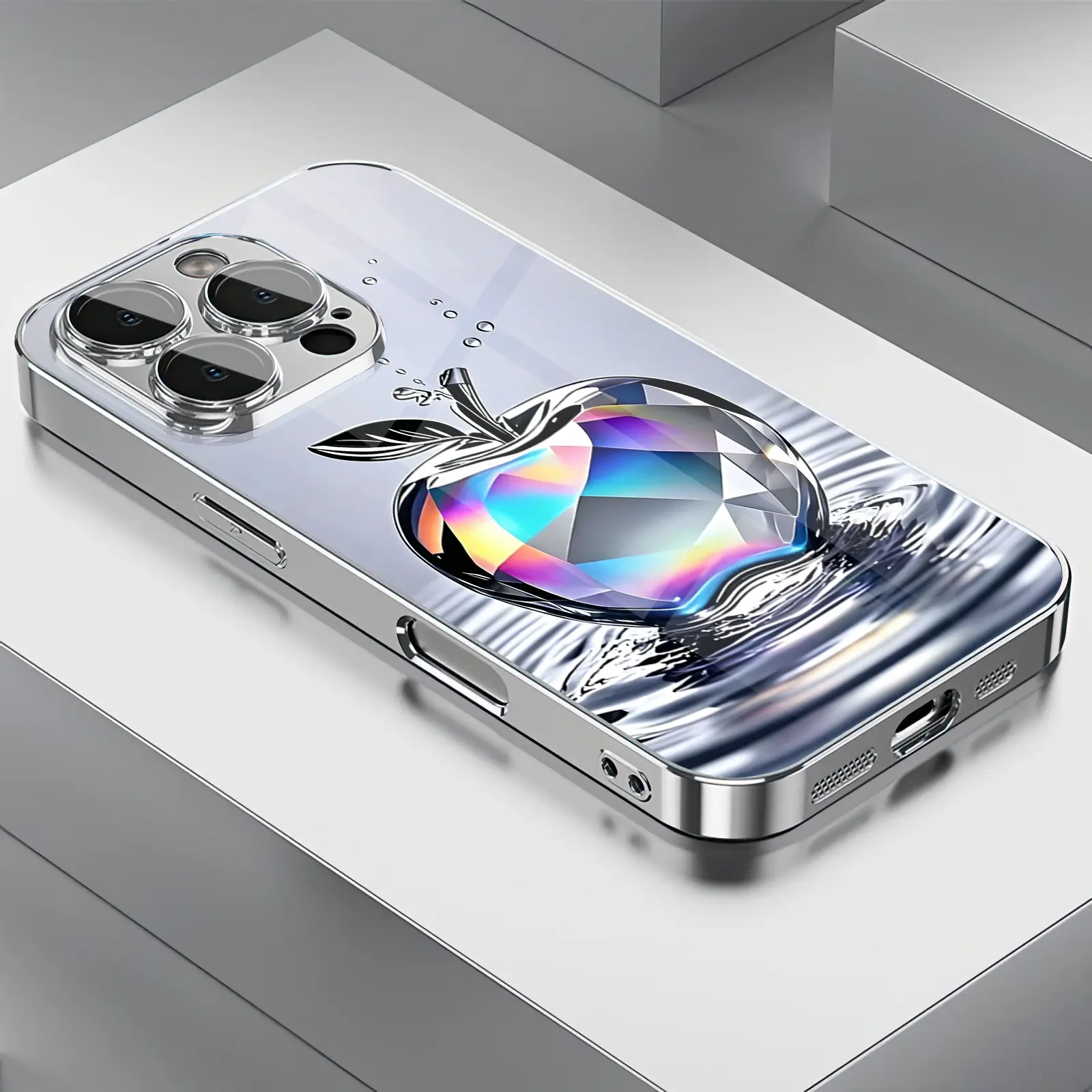 Iridescent Crystal Apple 2D Printed Pattern Phone Case,suitable for iPhone 17 Pro Max 16 15 14 13 12 11 Samsung Galaxy S25 Ultra S24 S23 S22 S21 S20 A series all inclusive phone case - ZQ197