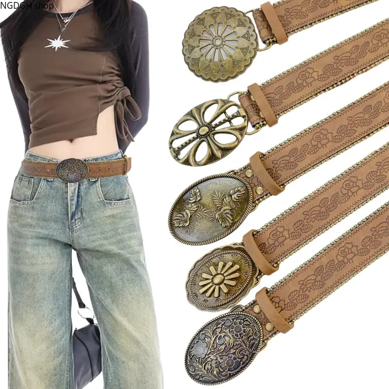 Women's Embossed Leather Belt - Floral Print Western Ornate Buckle, Beading Edge Vintage Boho Cowboy Style, Casual Events Female Wear Fashion Accessory, Belt For Jeans, Cowgirl Boho Belt