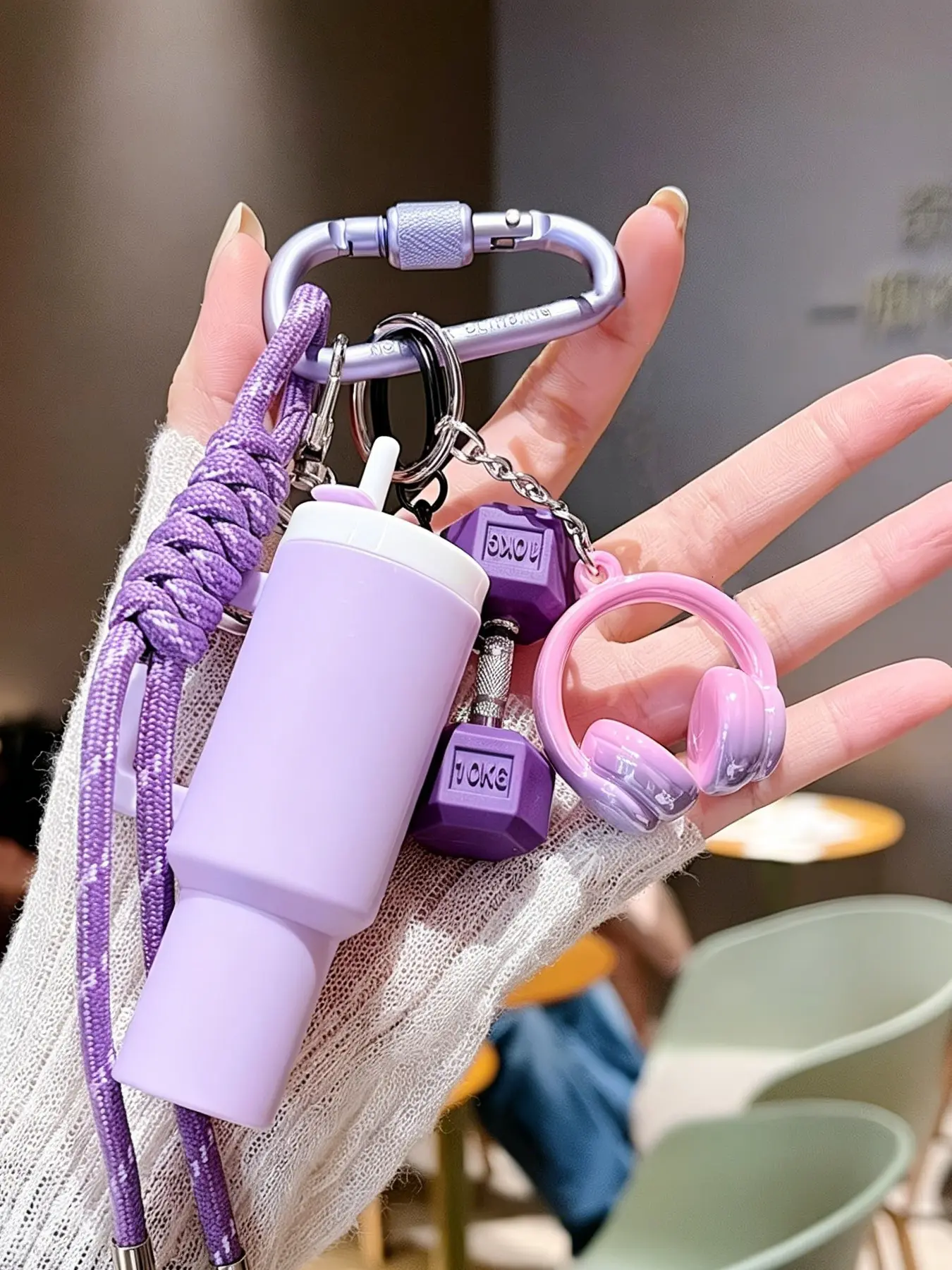 Mini Tumbler, Cool Keychains, Fitness Pendant Multifunctional Keychain Set, Water Bottle, Headphone Keychain Charms with Braided Rope & Metal Carabiner, Anti-lost Accessory for Backpacks, Keys & Handbags, Gift for Teens, Gym & Music Lovers