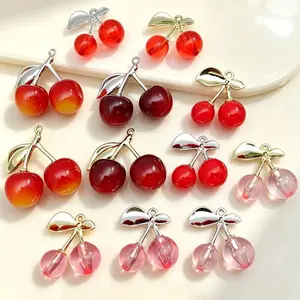 12pcs Resin Cherry Charms, Multicolor Translucent Pendants for Coquette & Fruity Jewelry Making, Smooth & Pre-Drilled for Craft Fairs, Craft Fair