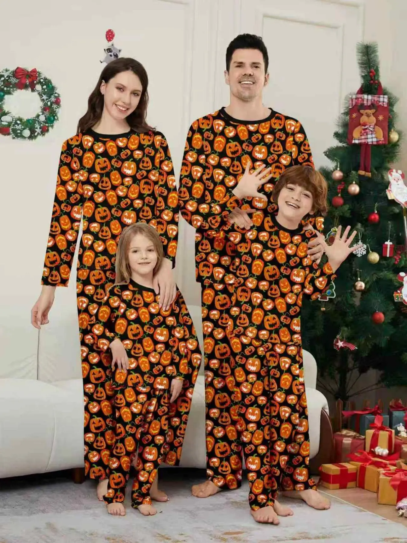 Family Halloween Pajama Set, 2-Piece Pumpkin Print Sleepwear, Men Women Kids Casual Loose-Fit Pyjamas, All Seasons Comfort