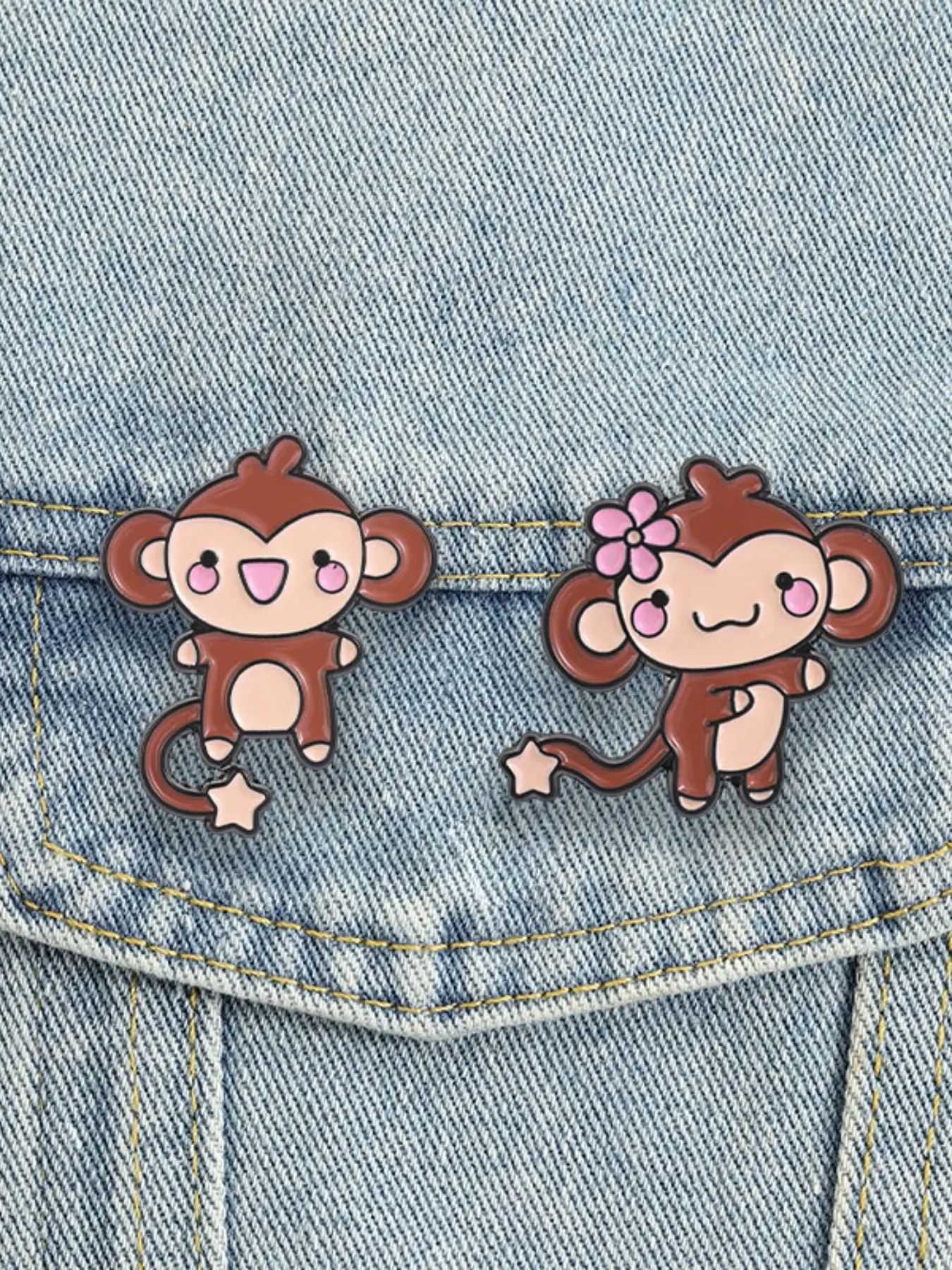 Cute Monkey Enamel Pins Set, Star Tail Cartoon Design, Metal Brooches for Couples and Friends, Backpack Decor Gift