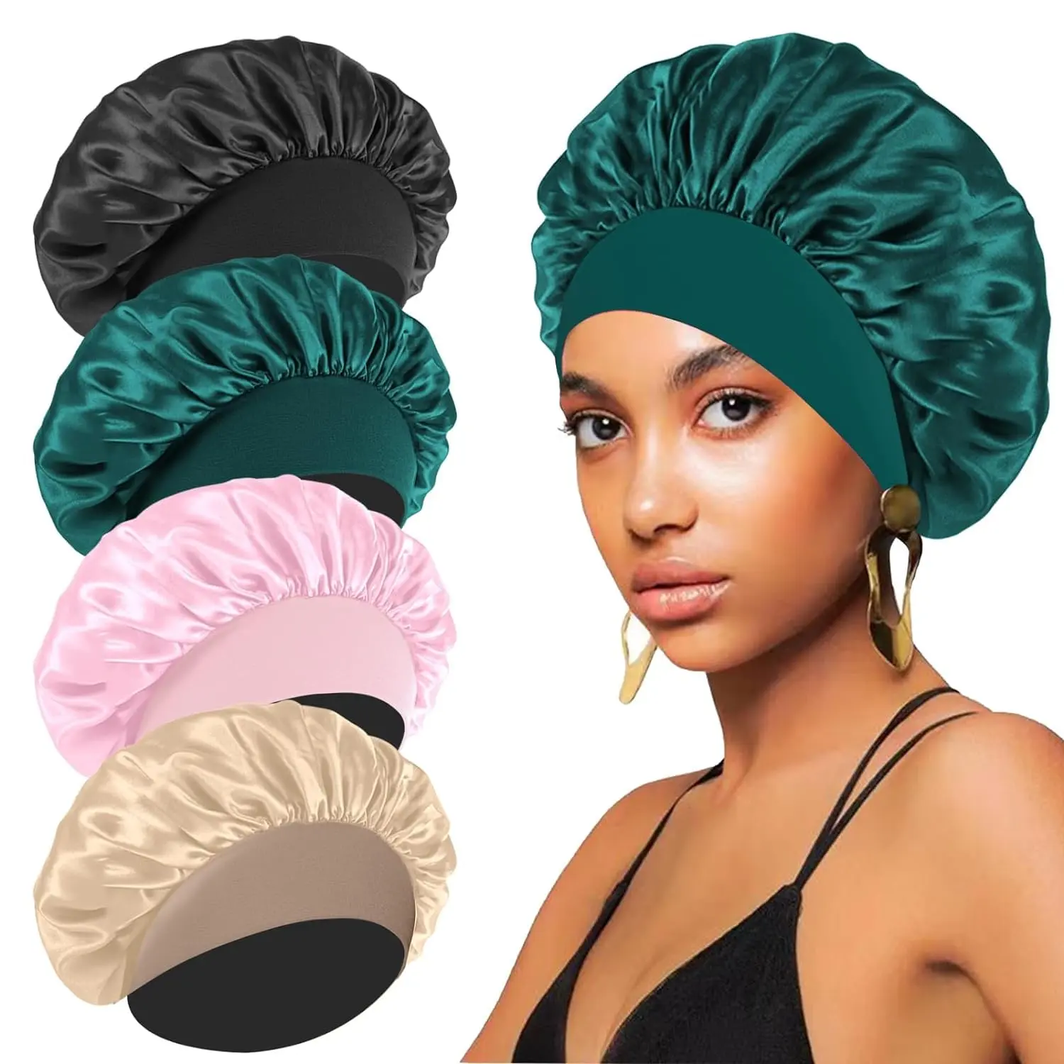 4PCS Silk Bonnet for Sleeping - Hair Satin Bonnets for Black Women Men,Hair Wrap Cap for Curly Hair,Elastic Wide Band Hair Bonnet Shower Cap for Sleeping (Black & Sapphire Blue & Pink & Purple)