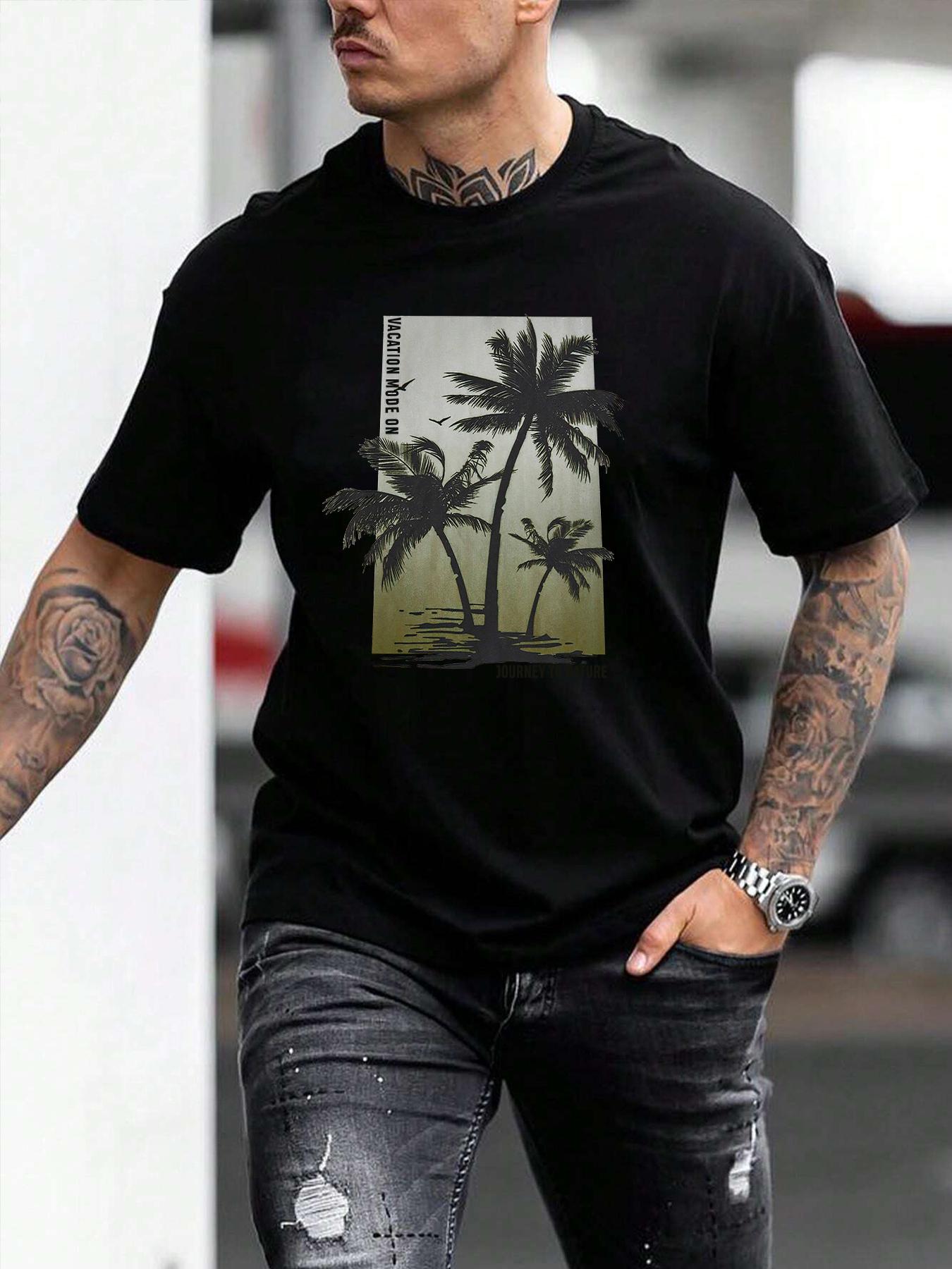 Men's Tropical Coconut Tree & Letter Print Drop Shoulder Sleep Tee, Regular Fit Casual Soft Comfortable Short Sleeve Round Neck PJ T-Shirt for Daily Wear, Sleepwear Loungewear Menswear for Men