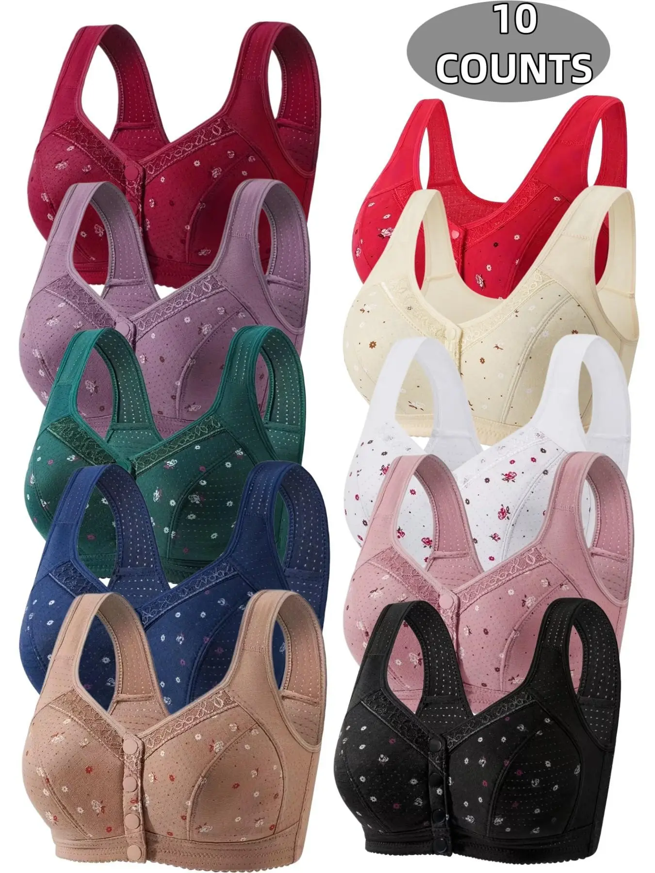 10-Pack Women's Lace Wireless Front Buckle Push-Up Bra, Seamless Comfort Fit, Daily Wear Underwire-Free Bra, Breathable Soft Fabric, All-Day Support, Lace Wirefree Bra