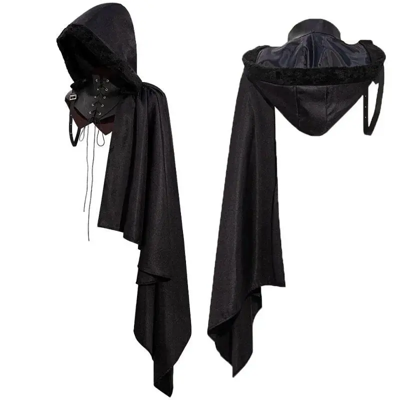Renaissance Medieval Costume Vintage Gothic Knight Armour Black One Shoulder Cloak Punk Crusader Gear Pirate Cosplay Shawl Cape
