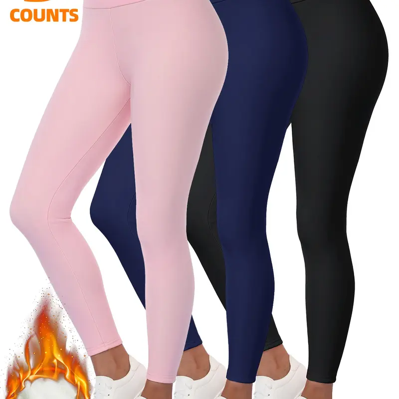 3-Pack Women's Soft Winter Plain Leggings, Fleece High-Waisted Tight Fit, Warm Casual Outdoor & Home Running Pants, Fall & Winter Wear