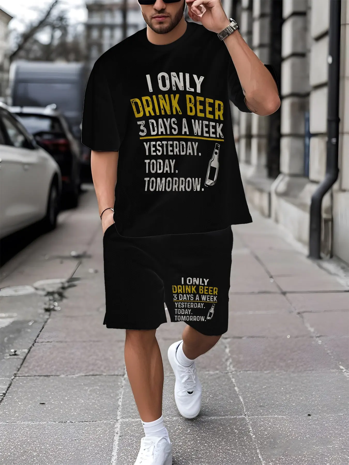 Men's Summer Funny Text Print Short Sleeve Tee and Shorts Set, Casual Loose Fit, Perfect for Beer Festivals, Streetwear Style