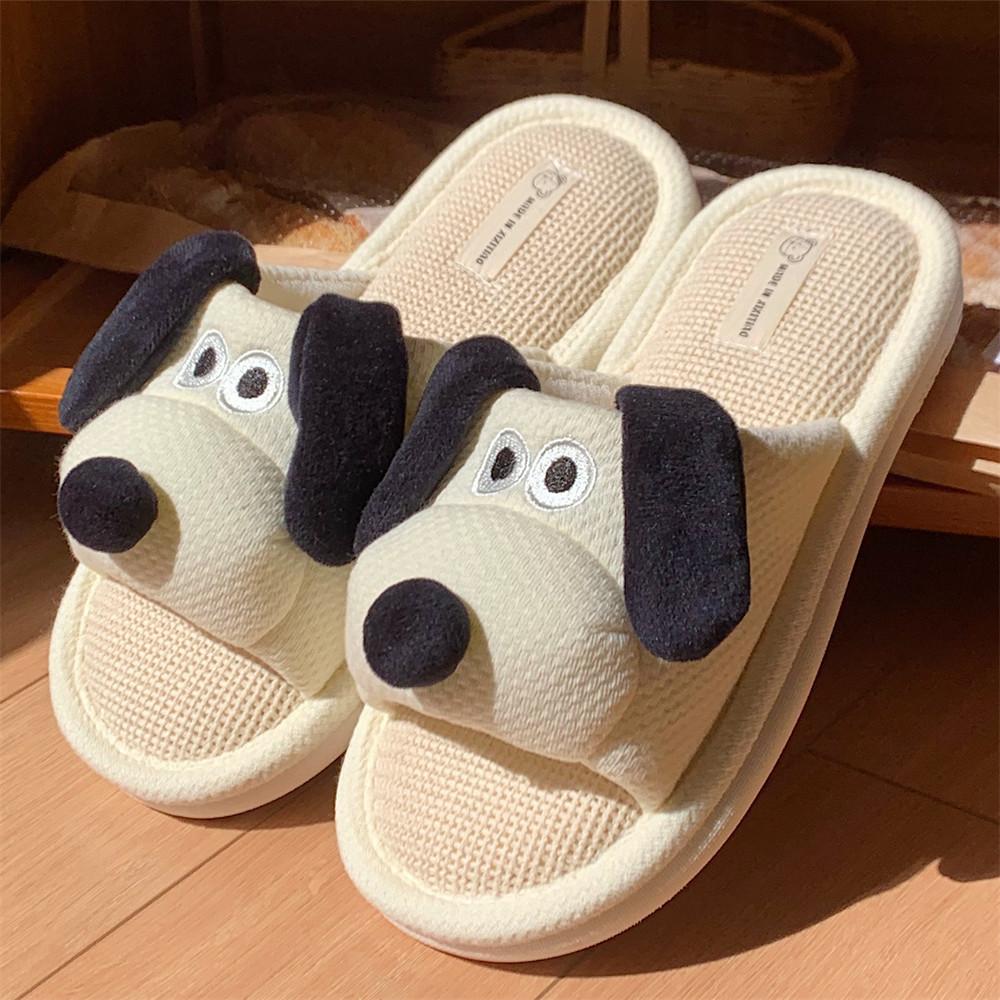 Women's big eared dog indoor poop floor slippers cute and lovely big eared dog soft soled linen slippers shoes walking shoes flip flops