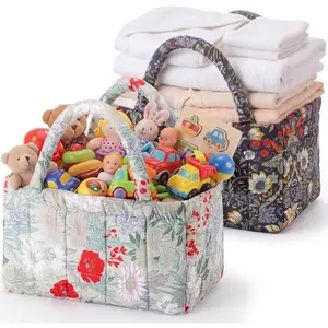 2 Pack Mini Bohemian Floral Quilted Foldable Storage Baskets with Handle, Small Fabric Organizer for Toys Clothes Travel Picnic