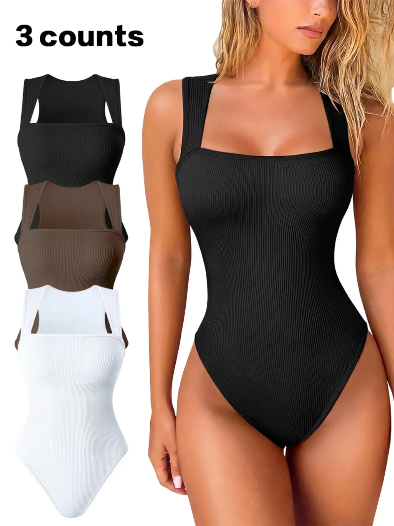 Rib Knit U-Back Sleeveless Stretchy Bodysuit, Underwear, Figure Hugging Fit Stretch Camisole, Solid Color, All Seasons, Casual Style, Women's Clothing