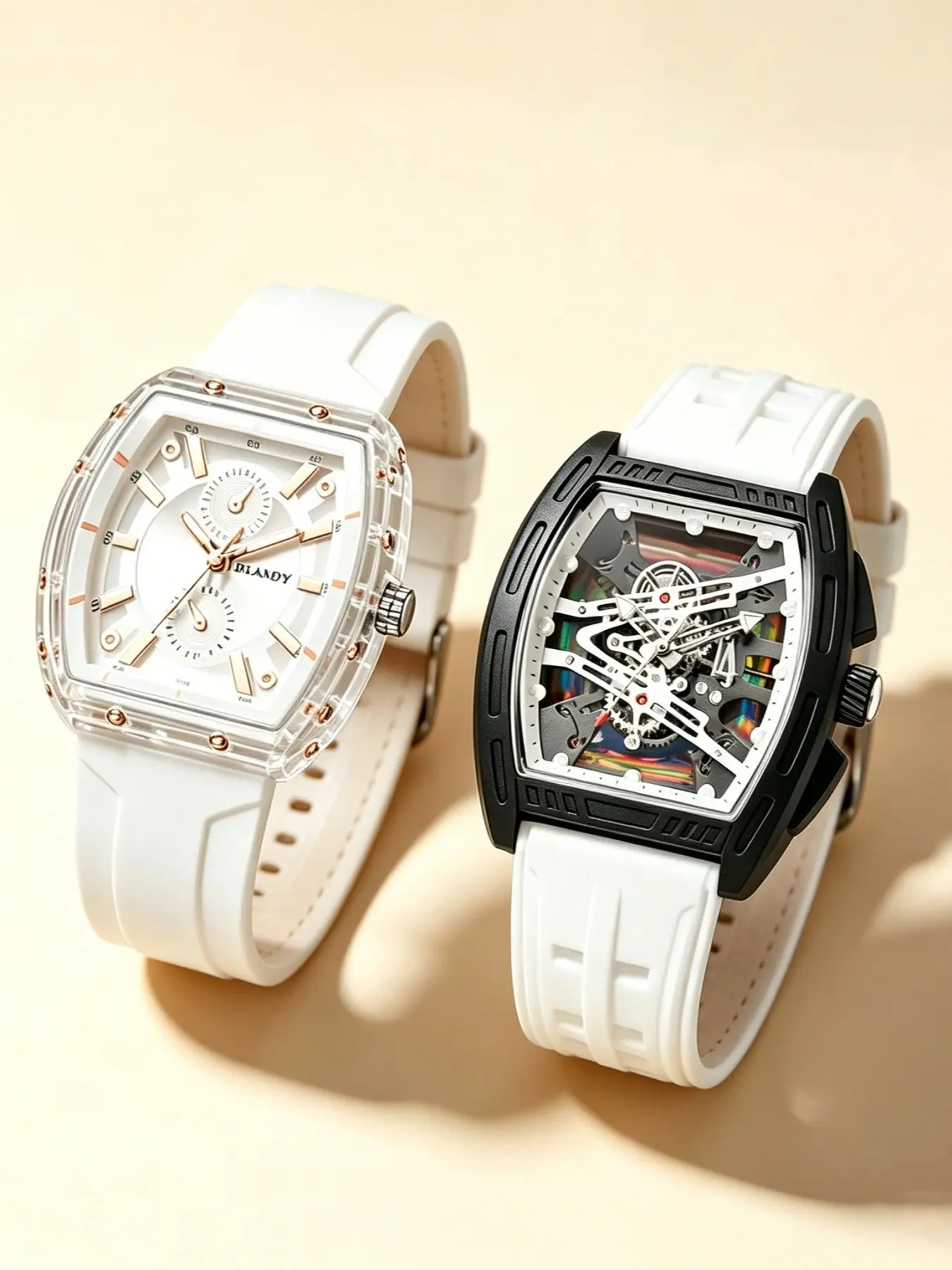 2 Pcs Men's Barrel Watch, Mechanical Quartz, Street Style, Hollow Out, Dual Dial, Silicone Strap, Casual Quartz Analog Watches, Sporty, Hip Hop, Versatile