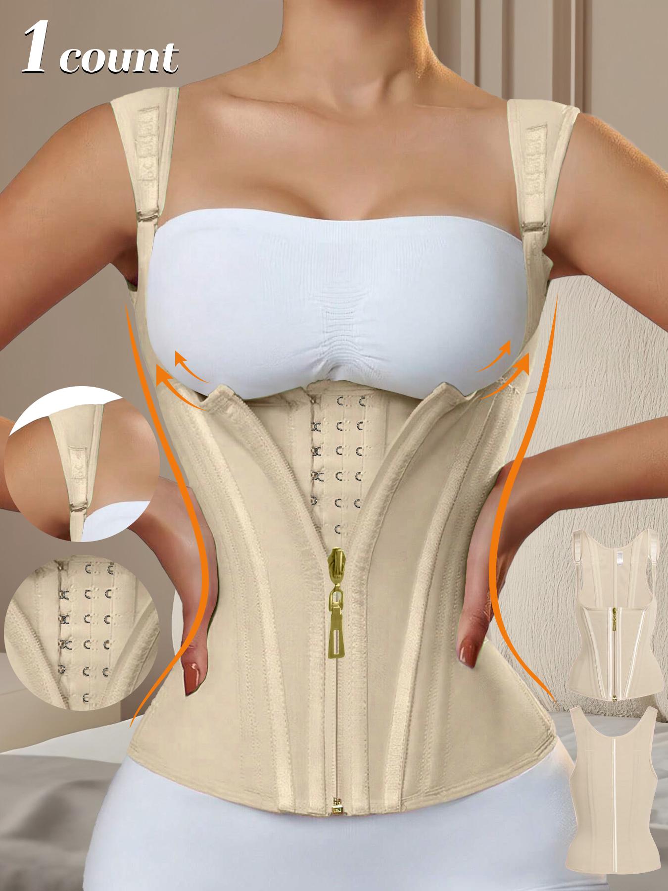 Women's Solid Color Zipper Hooks Waist Trainer Corset, Tummy Control Shapewear Tops, Adjustable Hooks Body Shaper for Women, Firm Tummy Control