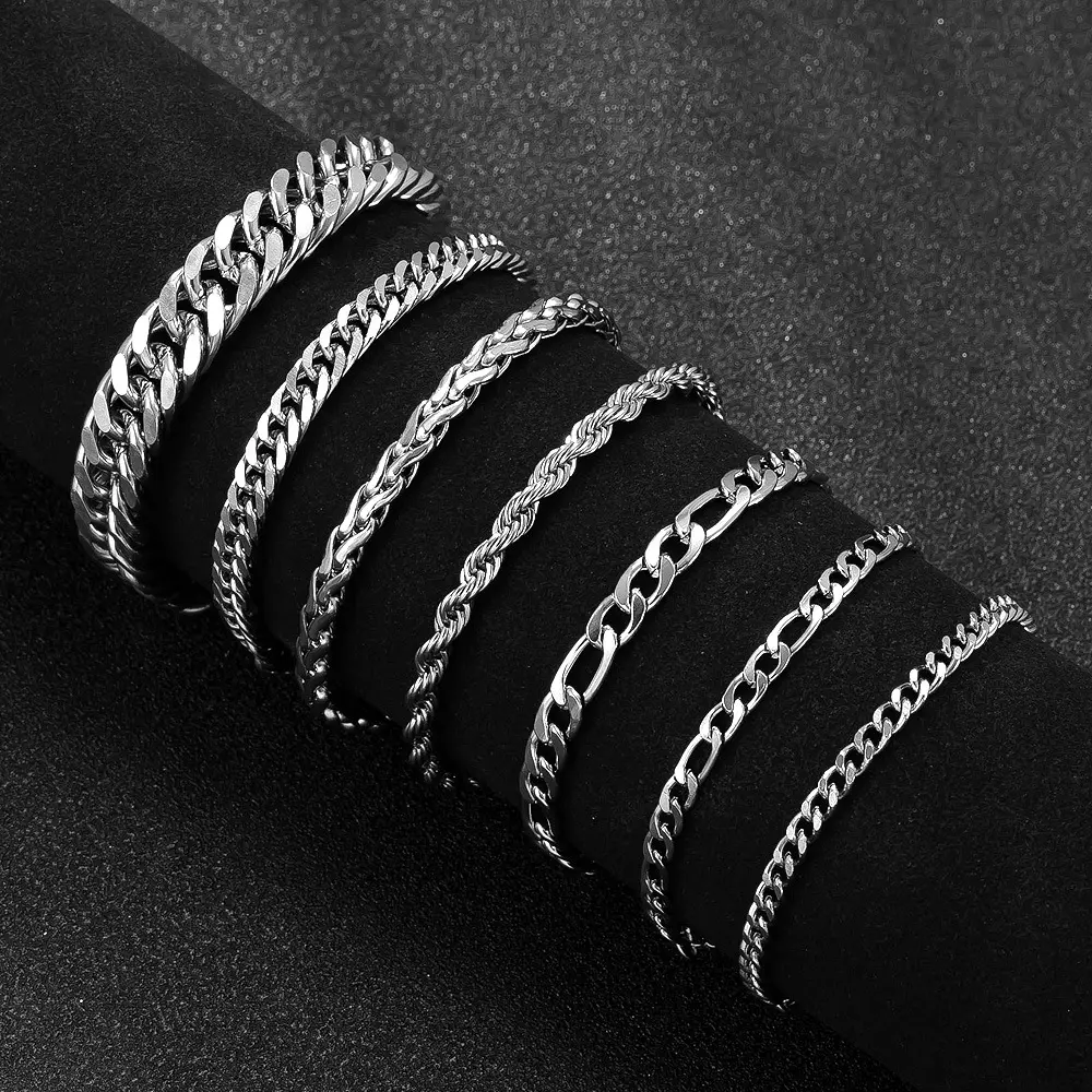 Men's 7-Pack 304 Stainless Steel Cuban Link Chain Bracelets & Bangles Set - Adjustable Clasp, Geometric Layered Stackable Jewelry for Daily Street Casual Hip Hop Wear