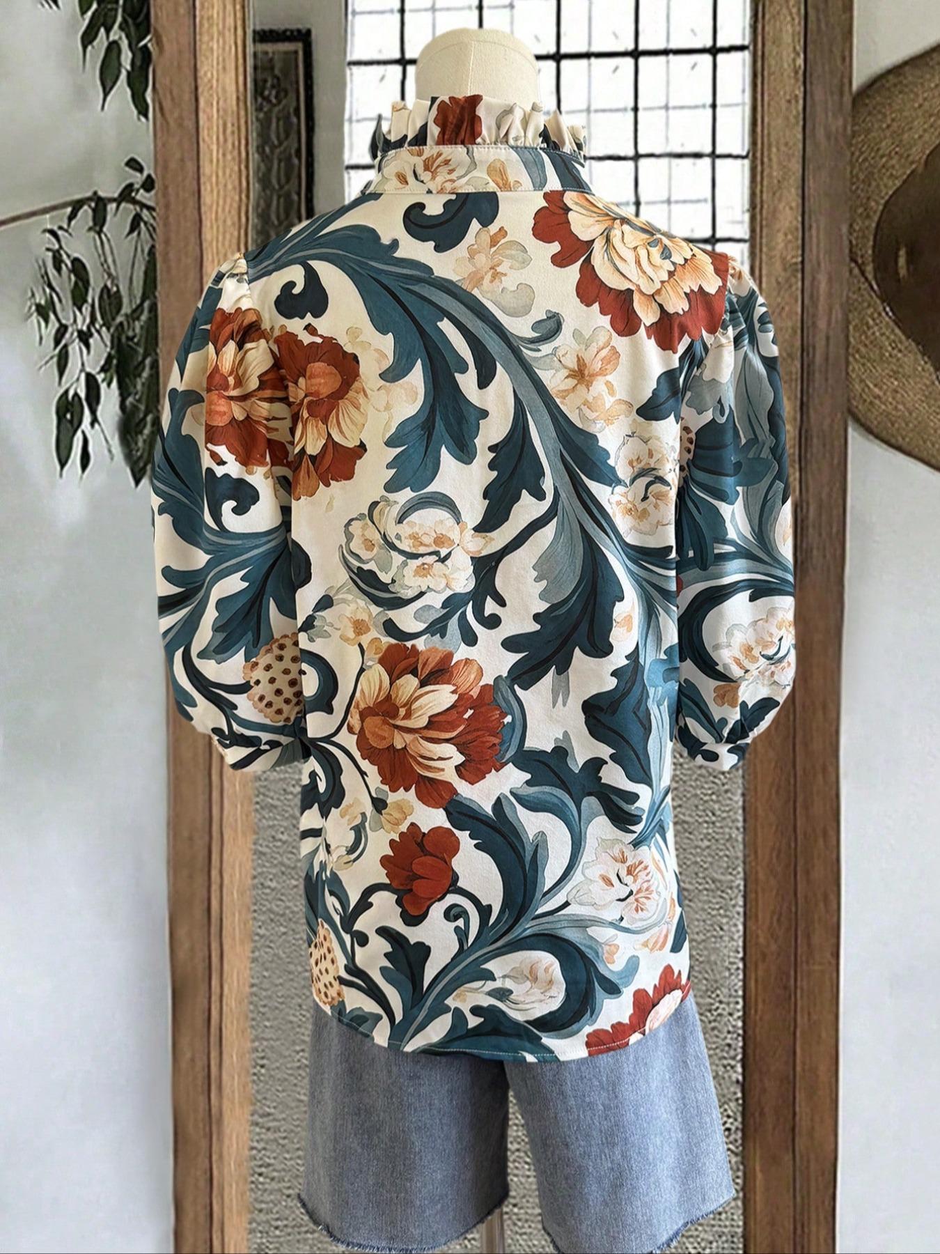 Women's Ruffled Trim Blouse, Casual V Neck Nine-point Sleeve Top for Summer, Women's Clothing for Daily Wear, Boho Floral Print Womenswear, Lady Casual Blouse Shirts, Boho Style Multicolor Shirt