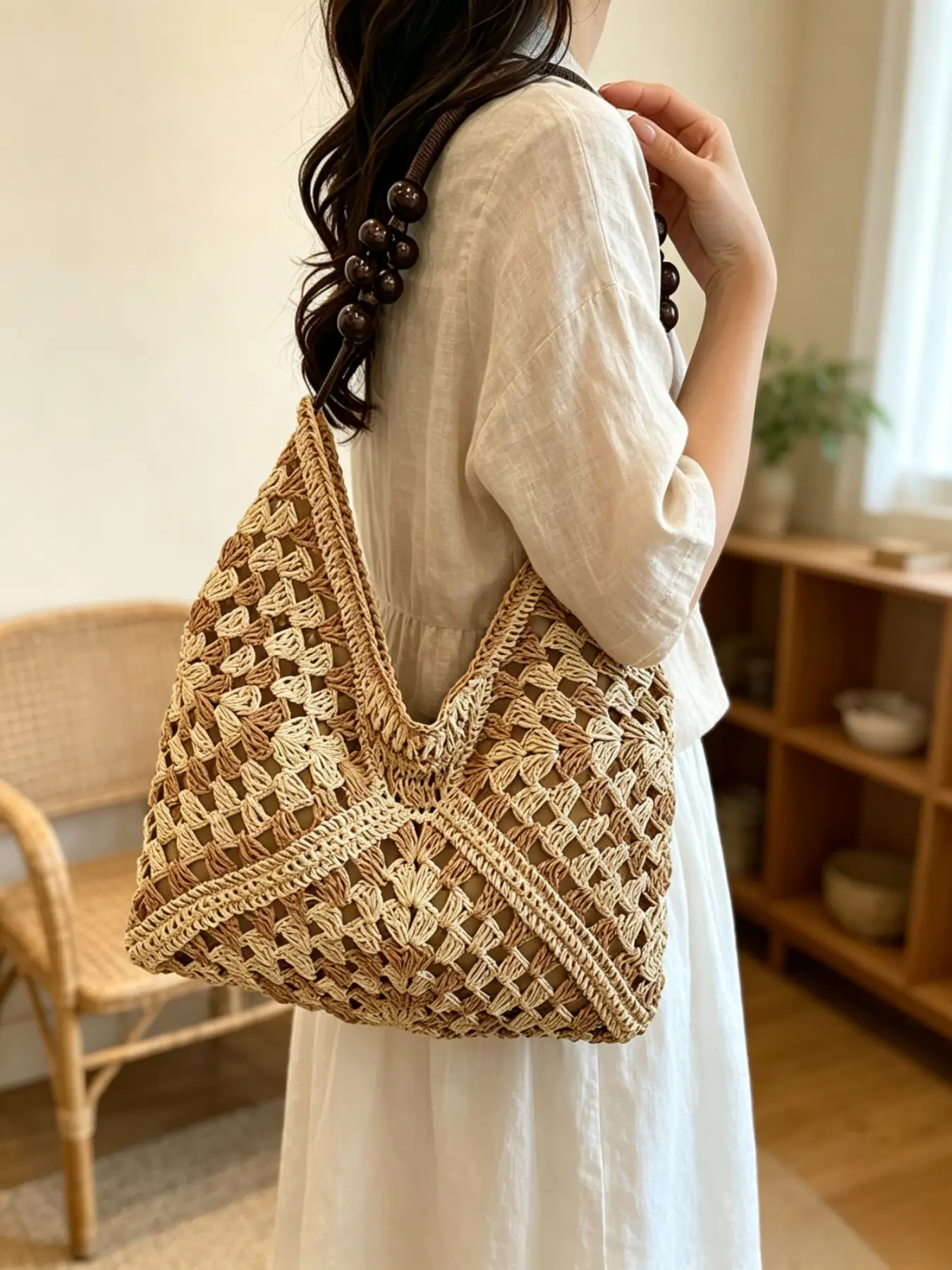 Boho Handmade Crochet Crossbody Bag, Large Capacity Hollow Out Tote with Wooden Bead Strap, Perfect for Vacation and Commute