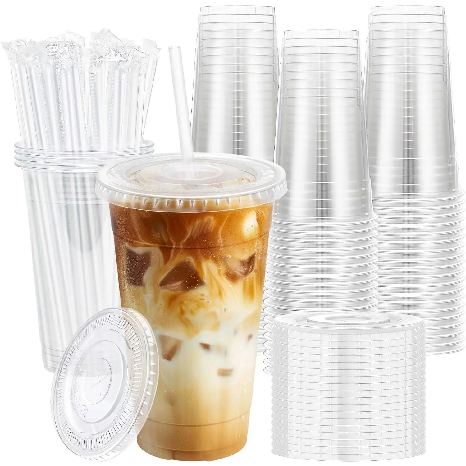 100 Pack 20 oz Plastic Cups, Clear Disposable Iced Coffee Cups | with  and Straws,  Leak-Proof, Smoothies Milkshakes Juice, Sturdy  Clear,  Office Party