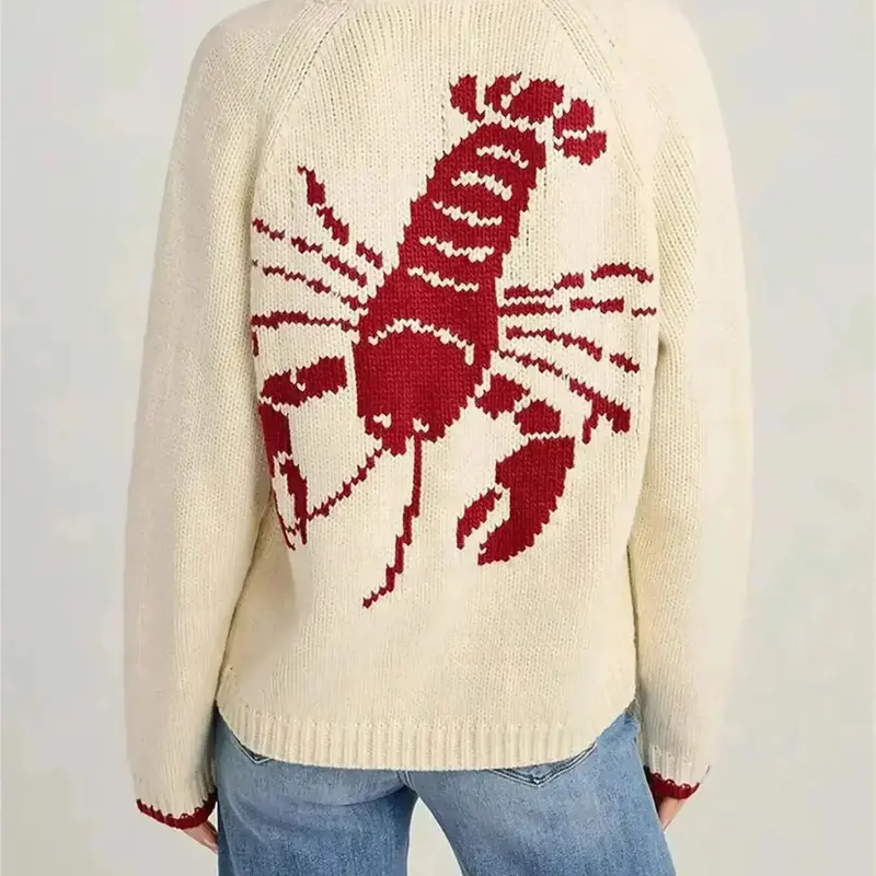 Women's Lobster Pattern Button Front Longsleeves Sweater Cardigan, Knit Cardigan Sweaters, Casual Fashion Knitwear, Casual for Fall & Winter, Casual Loose Cardigan