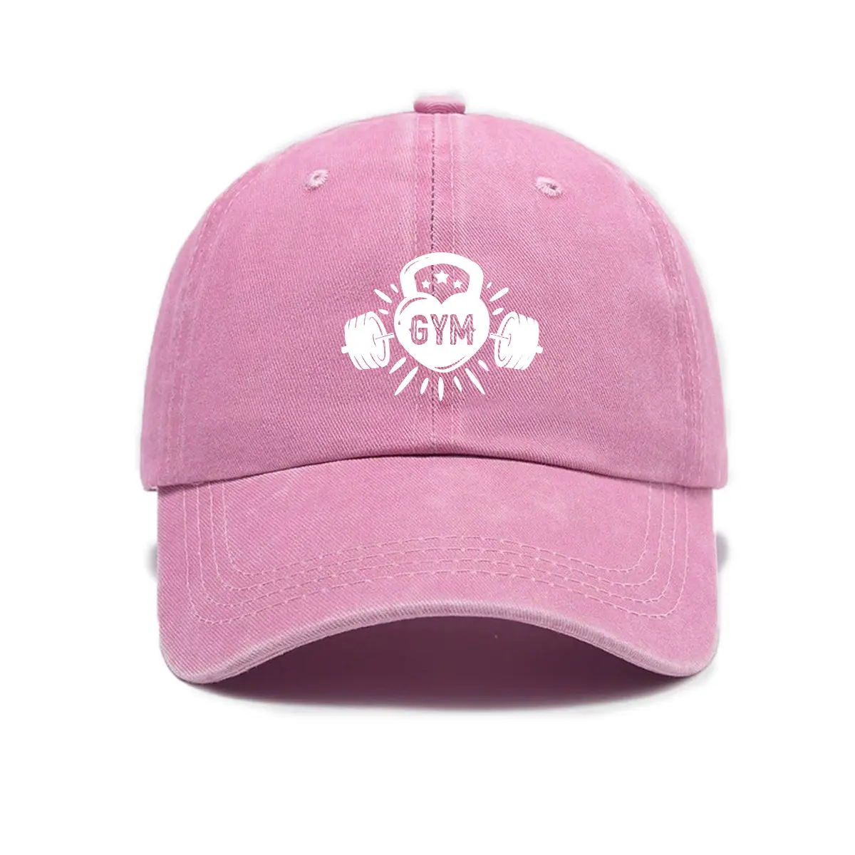 Pink Barbell Trucker Hat, Vintage Washed Cotton Dad Cap for Unisex Casual Wear, Workout Headwear with Adjustable Strap, Barbell Print