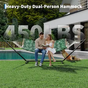 12FT 2-Person Outdoor Hammock with 450LBS Heavy-Duty Steel Stand – Weatherproof Cotton-Polyester Fabric, Hardwood Spreader Bar, Carry Bag, Sturdy Comfort for Patio, Garden, Backyard, Beach, Camping